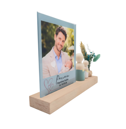 cadeau photo personnalisé parrain marraine mamie papi baptême communion cadre acrylique avec socle bois