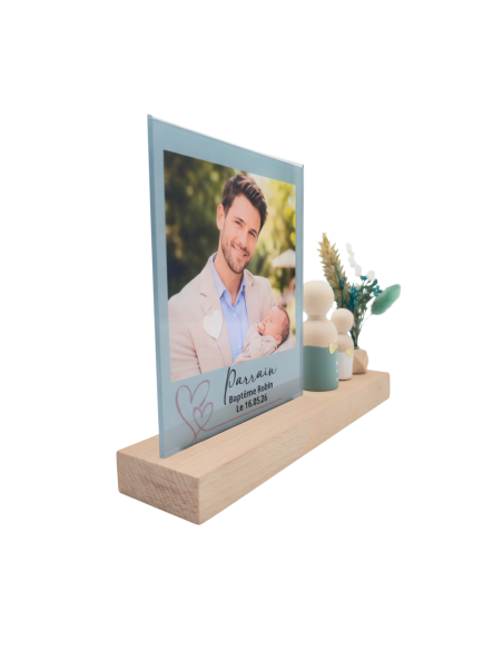 cadeau photo personnalisé parrain marraine mamie papi baptême communion cadre acrylique avec socle bois