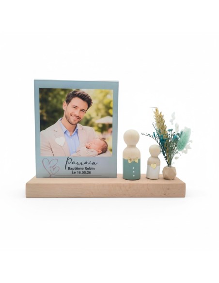 cadeau photo parrain baptême personnalisé cadre acrylique vert avec socle bois et décoration artisanale